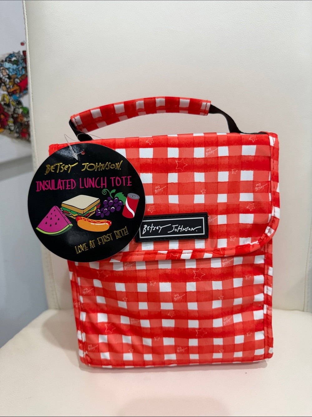 Betsey Johnson Red and White Gingham & Stars Insulated Flap Top Lunch Tote Bag